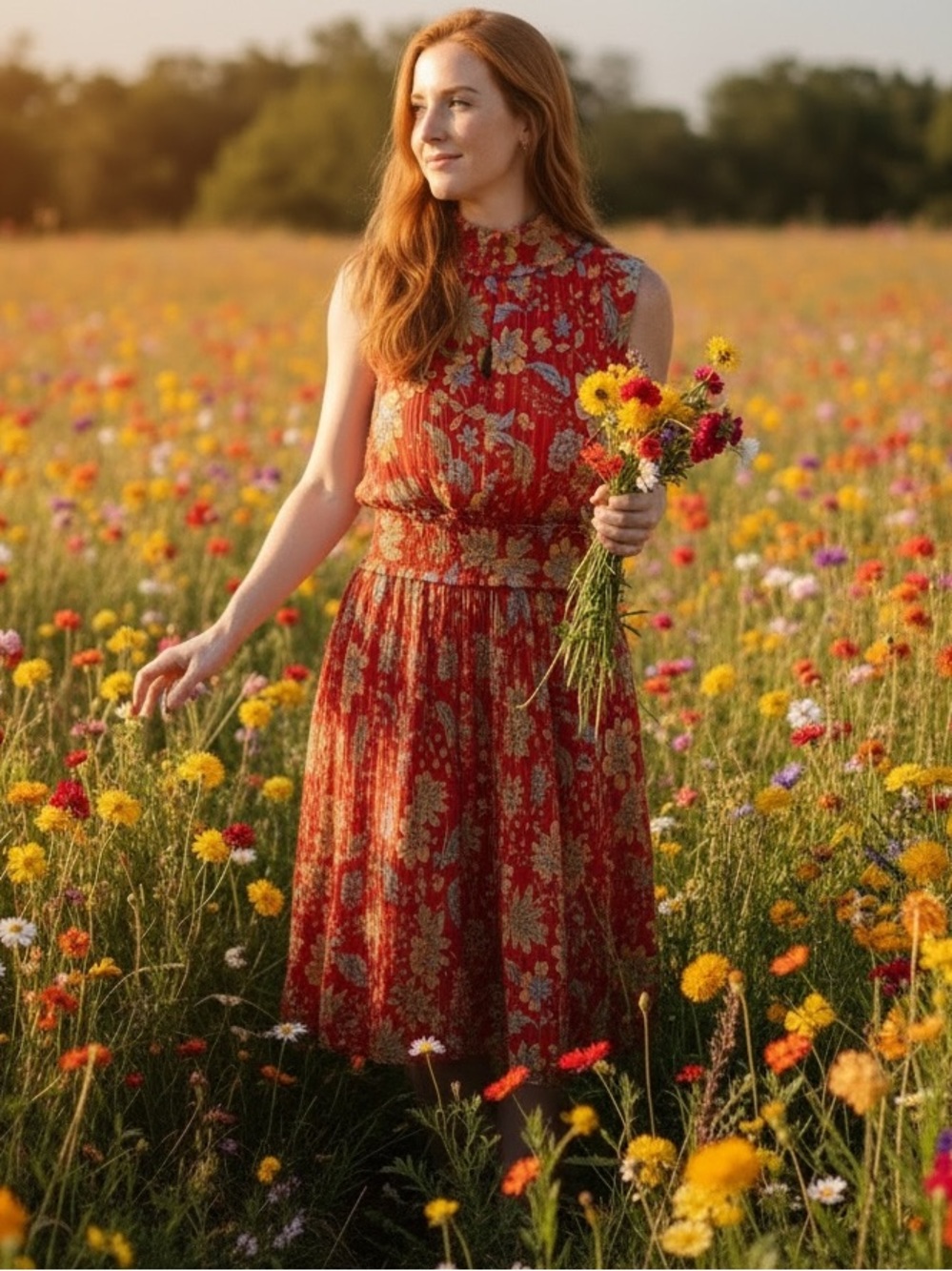 Nanette Lepore Orange Red Floral High-Neck Pleated Midi Dress